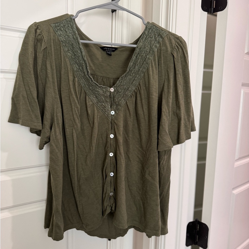 Lucky Brand Olive Button-Up Blouse